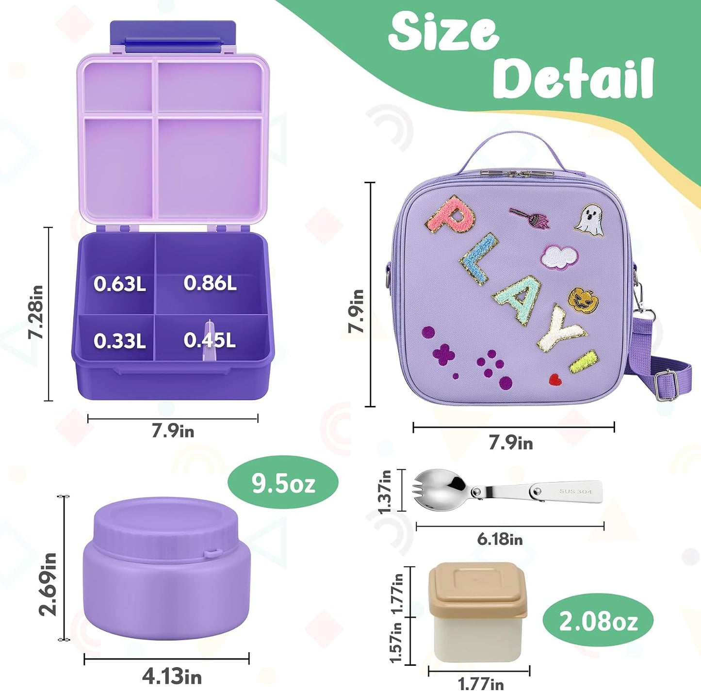 Kids Bento Lunch Box with Thermo, Include 9oz Soup Thermo, Kids Leakproof Lunch Box with 4 Compartment, Insulated Lunch Bag for Girls Boys to School Travel