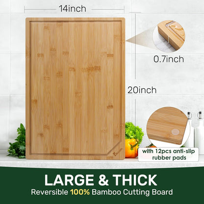 Kikcoin 17"×11" Bamboo Cutting Boards for Kitchen, Knife-Friendly Food Grade Wooden Cutting Boards for Kitchen, Charcuterie, Extra Large Chopping Boards with Deep Juice Groove, Reversible, Natural