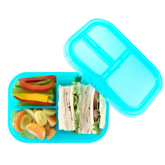 Bumkins Snack/Lunch Bento Box for Kids and Adults, 3 Compartment Container, Leak Proof Lid, for Portioning, Large Section Can Hold Sandwich, Food-Safe LFGB Platinum Silicone, Microwave-Safe, Pink