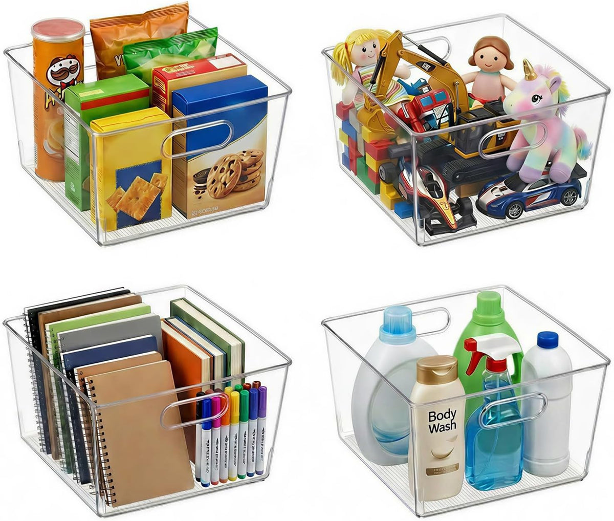 MOONEDGE 4-Pack 10x10x6 Clear Plastic Cube Storage Bins with Handles | Acrylic hard square organizer containers for closet,pantry,fridge,kitchen,bathroom,laundry,under-sink,cabinet organization