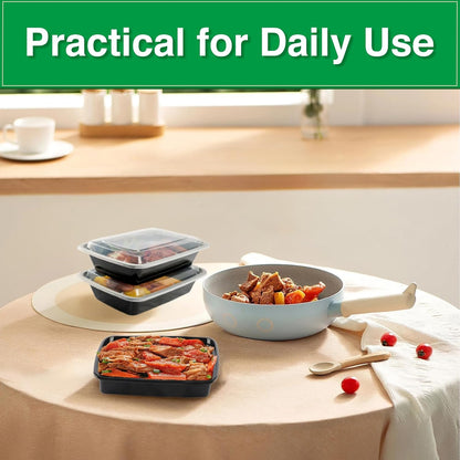 Meal Prep Containers 2 Compartment 15 Pack, 28 oz Divided Reusable Food Storage Containers with Lids Takeout Food Storage Containers Black, Microwave Dishwasher Freezer Safe, Stackable, BPA Free