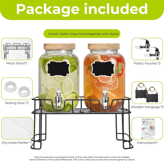 DHSBTLS 2 Gallon Glass Drink Dispensers, 1 Pack Clear Beverage Dispenser for Party, BBQ and Picnic, Juice Dispenser with Ice Core, Black Stand, Spigot, Markers and Chalkboard
