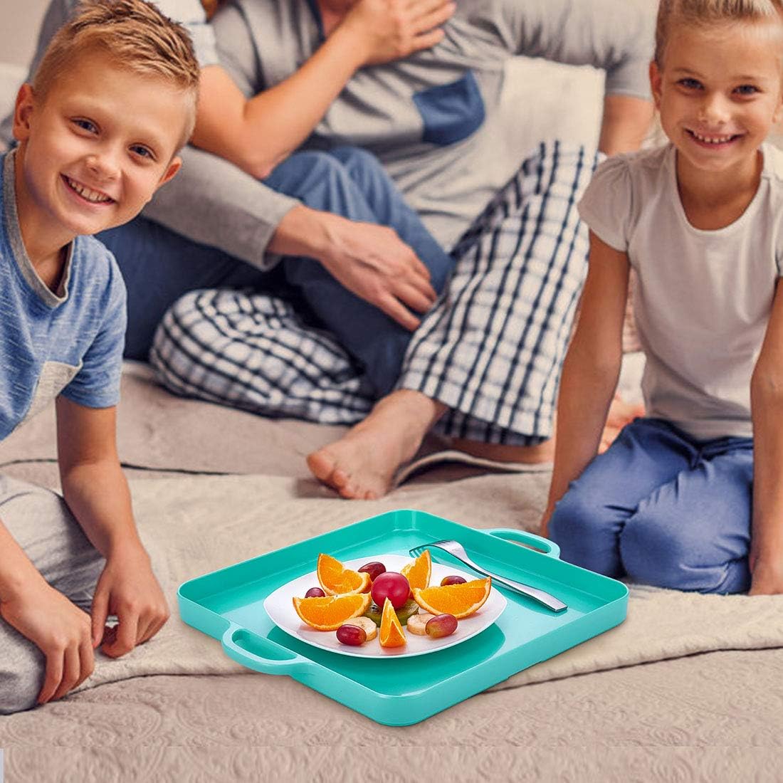 i BKGOO Foodservice Red Plastic Tray with Handle Set of 2 Large Melamine Cube Serving Platters for Parties, Table, Kitchen Size(12.5"x12.5"x1")