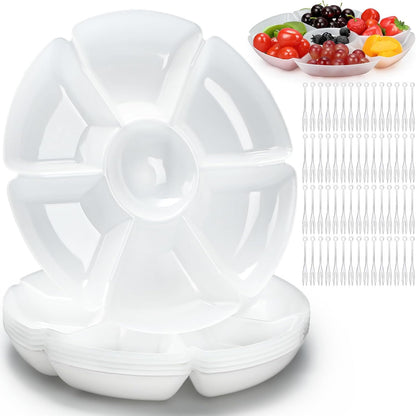 Zhehao 6 Pcs Plastic Divided Serving Trays with 60 Pcs Disposable Fork, 7 Compartments Round Chip Dip Plate, Petal Shape Platter, 10.6'' Snacks Serving Dish for Party Candy Nuts Fruits (Vibrant Color)