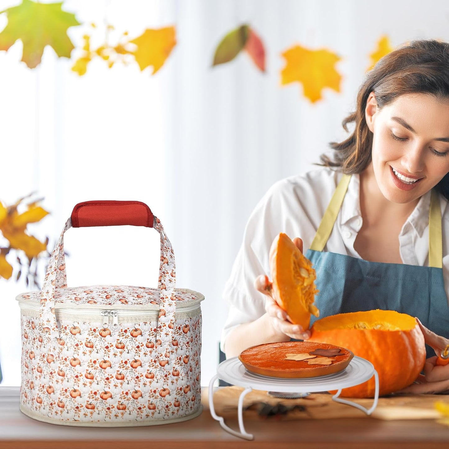 Fall Pumpkin Round Pie Carrier 12 x 7 Inch Thanksgiving Pumpkin Flowers Insulated Casserole Carrier with Lid and Detachable Handle for Thanksgiving Hot Pie Cake Transport Autumn Party