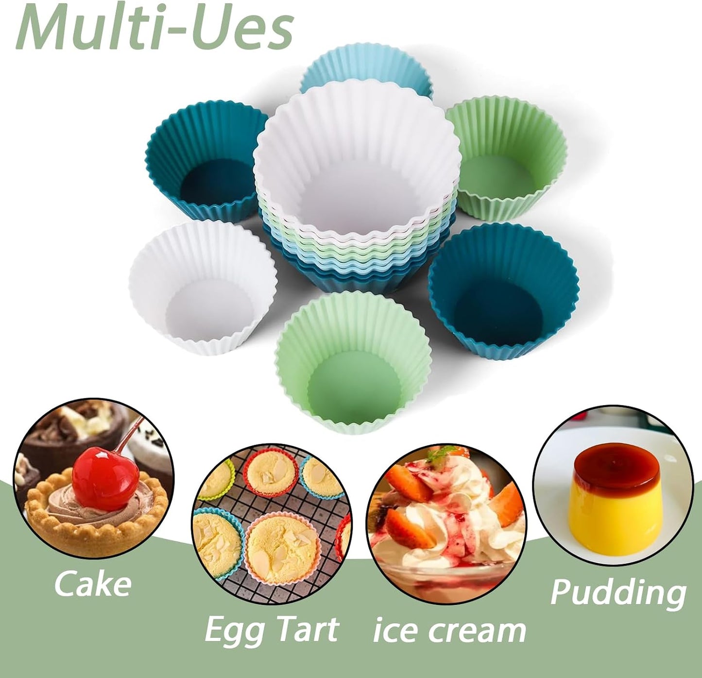 Silicone Baking Muffin Cups 12 Pack,Food-Grade Non-Stick Muffin & Cupcake Liners,Wrapper Cups Holders for Muffins, Cupcakes, and Candies Standard Size (Green)