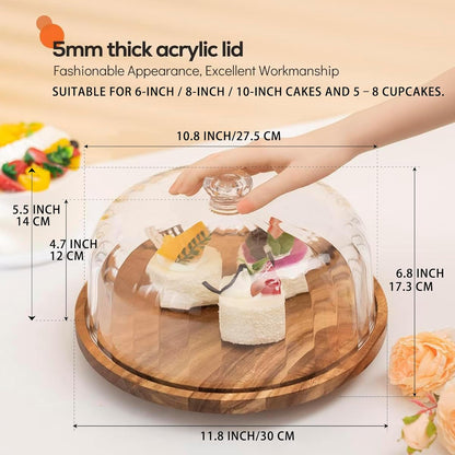 cutesun Cake Stand with Lid, 10.8'' Shatterproof Acrylic Dome (Not Glass), 11.8'' Rotating Acacia Wood Cake Display Stand for Wedding Birthday Party Dessert