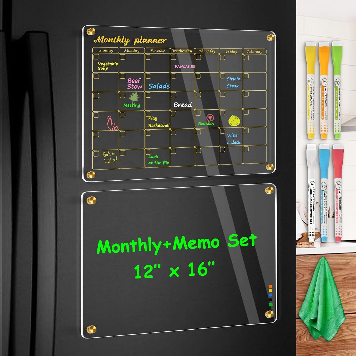 WALGLASS Acrylic Calendar for Fridge, 8.5"x11" Gold Weekly Clear Acrylic Magnetic Dry Erase Board for Refrigerator, Set of 2 Stronger-Magnetic Reusable Fridge Planner, Includes 8 Liquid Chalk Markers