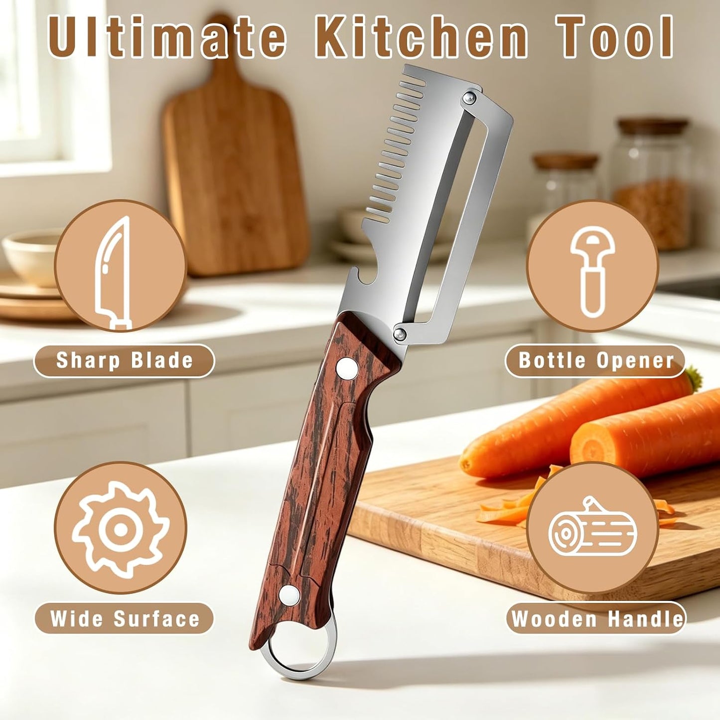 Multifunctional 3-in-1 Vegetable Peeler & Julienne Slicer, Stainless Steel Blade with Ergonomic Wood Handle for Efficient Peeling, Grating, Slicing (2 Pack)