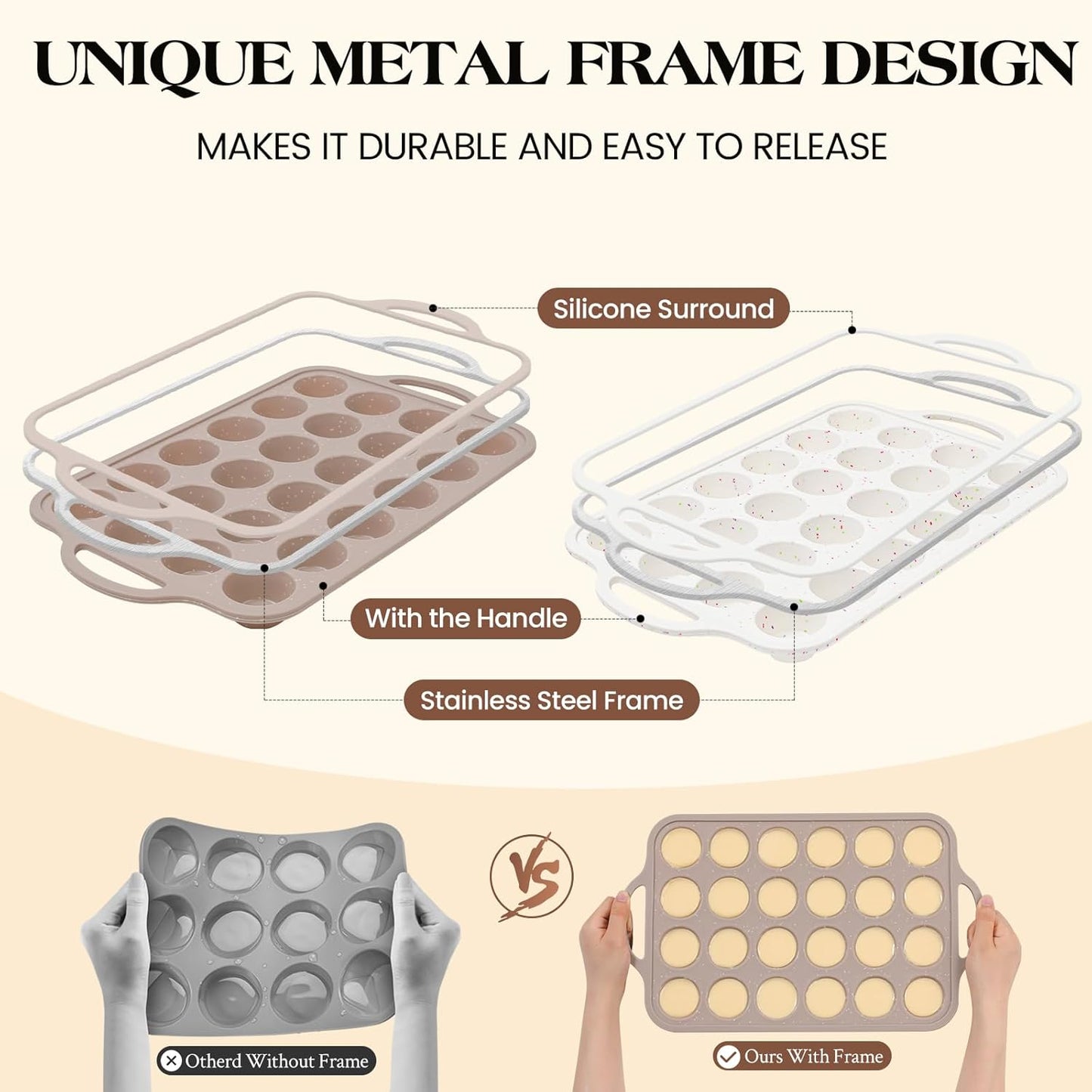 Vinino 2Pack Silicone Muffin Pans for Baking with Metal Reinforced Frame, 12 Cups Regular Size Nonstick Silicone Cupcake Pan, BPA Free Oven Dishwasher Safe Baking Mold for Muffins Cupcakes
