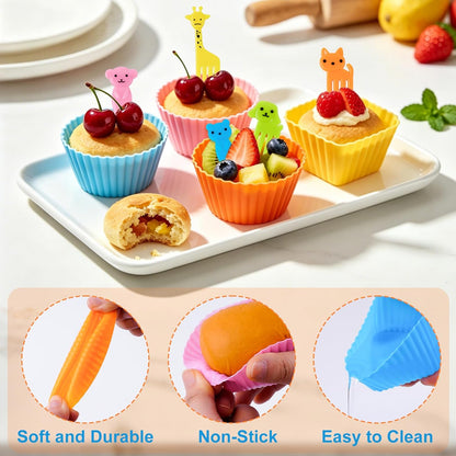 60 Pcs Silicone Lunch Box Dividers - Bento Box Accessories, Silicone Cupcake Liners Reusable Muffin Cups for Baking with Animal Food Picks (30 Cupcake Cups + 30 Picks)
