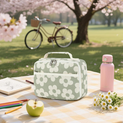 Bluboon Insulated Lunch Bag for Girls & Boys, Corduroy School Lunch Box with Cooler & Organizer Compartments, Leak-Proof Lunch Tote for School, Travel (Corduroy Strawberries Beige)