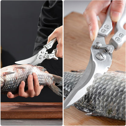 Zicolu Poultry Shears Heavy Duty Professional, Multipurpose Kitchen Shears with Sheath, Spring-Loaded Stainless Steel Chef Scissors Cutting Bone, Chicken, Fish, Food, Meat, Full Steel Handle Silver