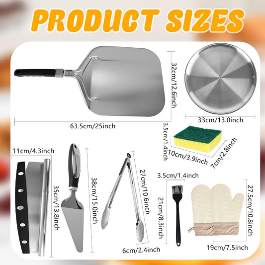 Pizza Peel Set Pizza Oven Accessories 11 Pcs Spatula Accessories Kit Include Cutter Stainless Steel Paddle Tongs Cheese Server Silicone Gloves Basting Brushes and Cleaning Sponge Set for Kitchen