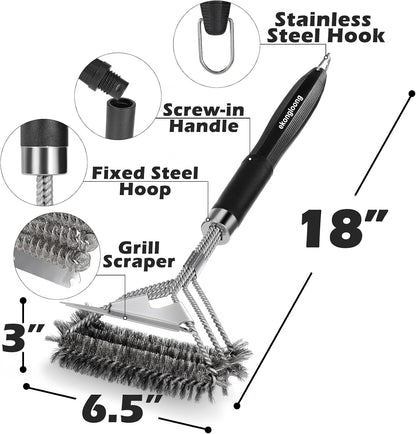18" Heavy Duty BBQ Grill Brush and Scraper Set, 2-in-1 Safe Bristle Free Grill Cleaner & Strong Wire Brush, Professional Grill Scraper for Outdoor Gas Charcoal Grills, Deep Cleaning BBQ Tools