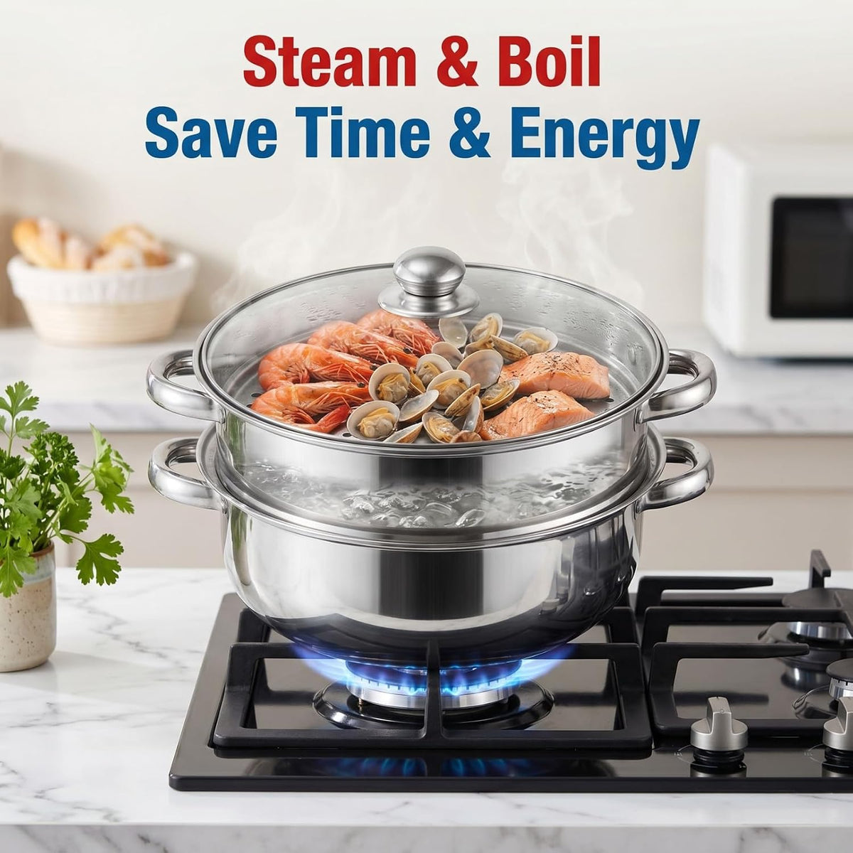 ZENFUN Steamer Pot With Lid 2 Tier, Multipurpose Stainless Steel Steaming Pot, Steam Pots With Handle For Vegetable, Dumpling, Food, 11 Inch（Thickened）