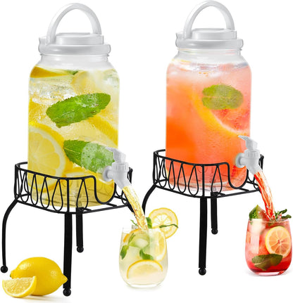 Tanlade 2 Pcs Plastic Drink Dispenser with Stand Beverage Dispenser with Sturdy Metal Base Juice Jar for Parties Lemonade Jar Spigot for Weddings Countertop Water, Each 1 Gallon(Black)