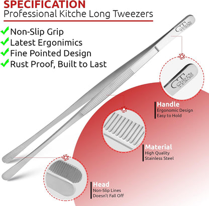 Chef's Trade Professional Kitchen & Cooking Tweezers/Tongs 12" Stainless Steel Multi-Use