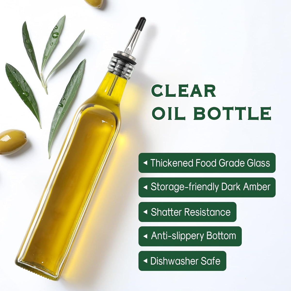 AOZITA 17oz Glass Olive Oil Bottle Dispenser - 500ml Green Oil and Vinegar Cruet with Pourers and Funnel - Olive Oil Carafe Decanter for Kitchen