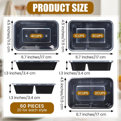 60 Pack (120-pcs) 32 oz Meal Prep Containers Reusable Meal Prep Kit Snack Containers with Dividers and Lids 1-compartment, 2-compartment, Microwave, Dishwasher Safe