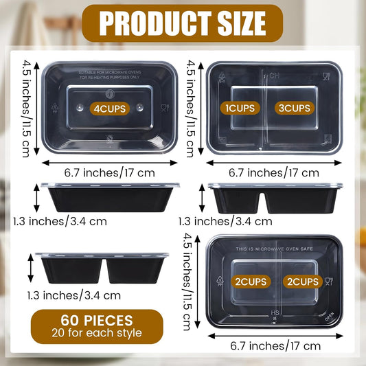 60 Pack (120-pcs) 32 oz Meal Prep Containers Reusable Meal Prep Kit Snack Containers with Dividers and Lids 1-compartment, 2-compartment, Microwave, Dishwasher Safe