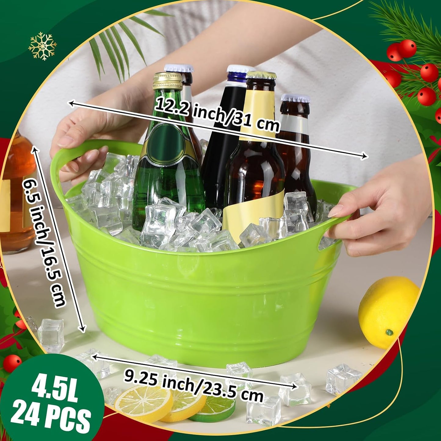 Norme 24 Pcs Oval Storage Tub with Handles, 4.5l Plastic Ice Buckets Bulk for Wine Beer Champagne Drink Cooler Beverage Storage Tub for Parties BBQ Weddings Party Outdoor Celebration(Blue & Red)