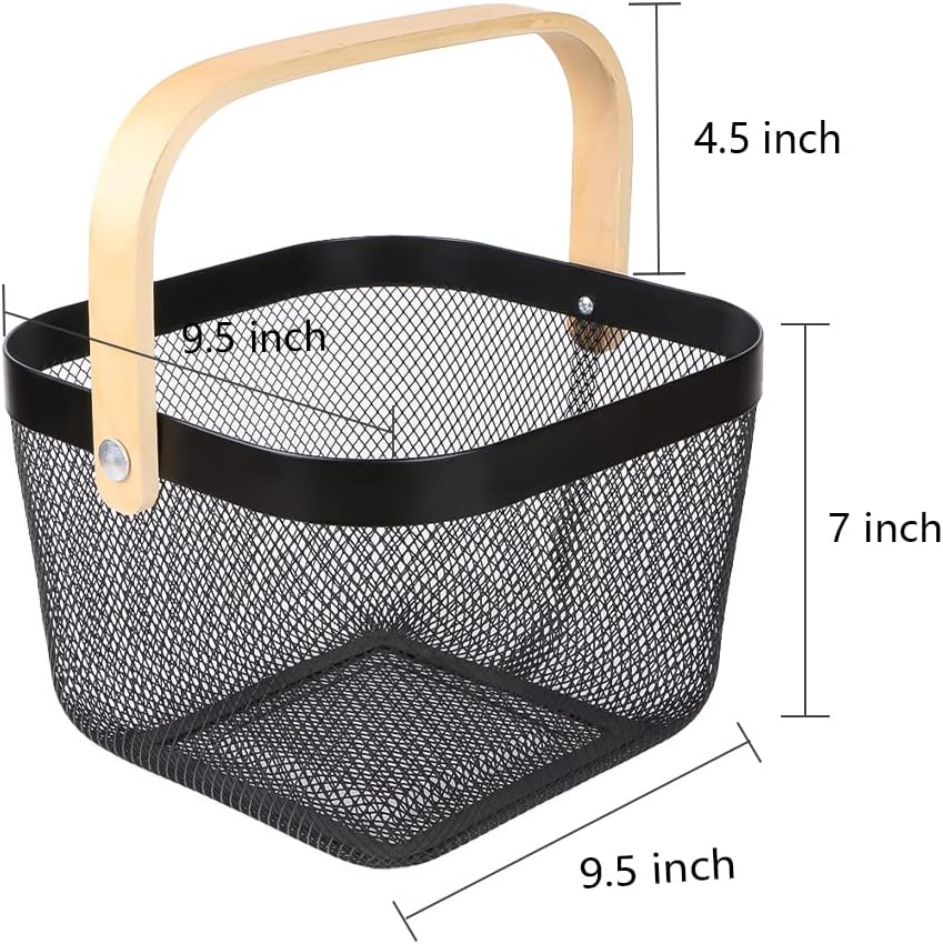 Mesh Steel Storage Organizer Basket Fruit Basket Bin with Wood Handle Ideal for Kitchen Bathroom Picnic Baskets Pantry Cabinets Storage Home Decor (White)