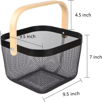 Mesh Steel Storage Organizer Basket Fruit Basket Bin with Wood Handle Ideal for Kitchen Bathroom Picnic Baskets Pantry Cabinets Storage Home Decor (White)