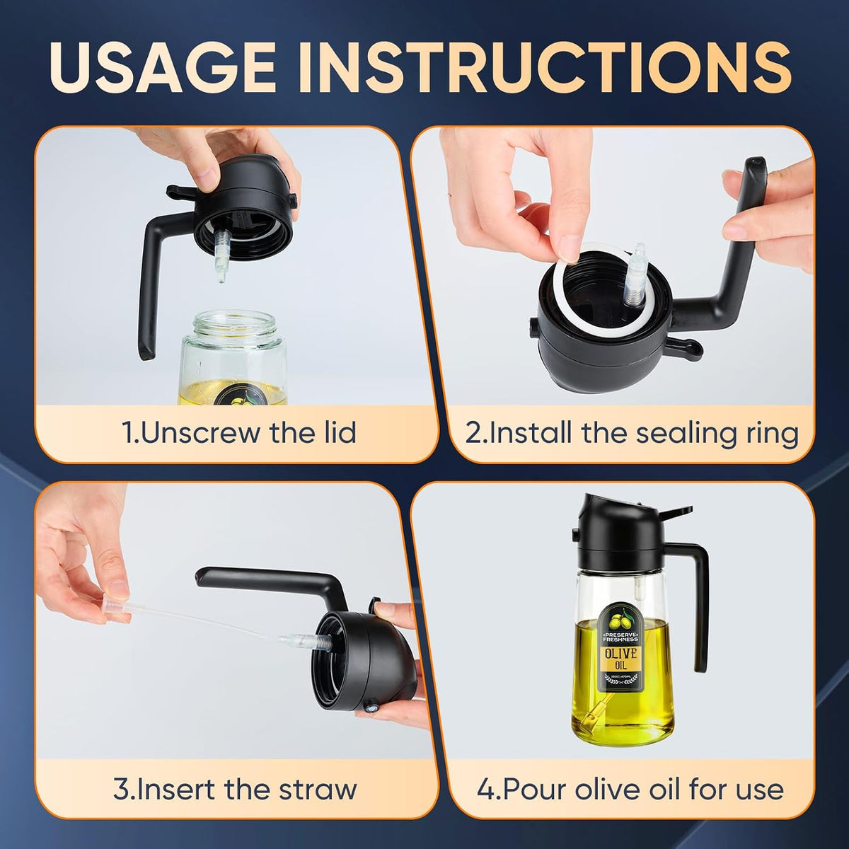 2 in 1 Olive Oil Sprayer for Cooking, 16 Oz Olive Oil Dispenser Bottle for Kitchen, Fits Air Fryers, Salads, BBQ & More