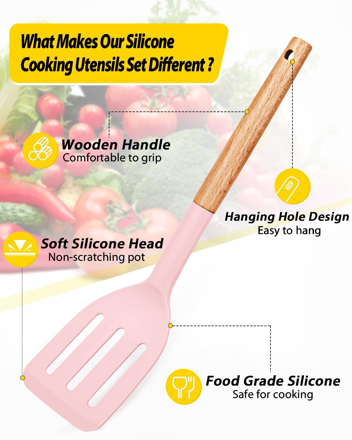 Pack of 4 Silicone Cooking Utensils Set, Non Stick Solid Spatulas and Heat Resistant Slotted Spoons with Wooden Handle, Ideal Wood Kitchen Utensils Set for Frying,Serving,Turning,Stirring (KHAKI)