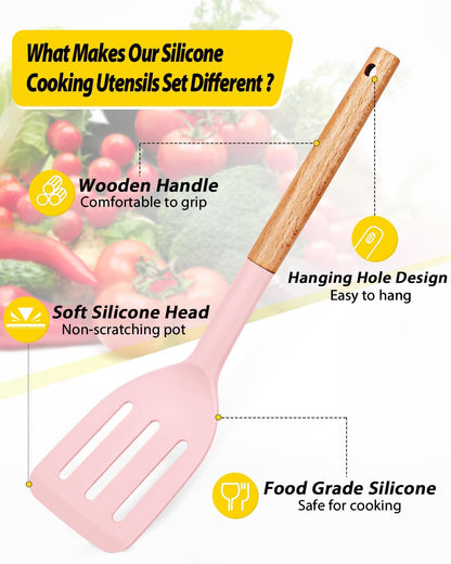 Pack of 4 Silicone Cooking Utensils Set, Non Stick Solid Spatulas and Heat Resistant Slotted Spoons with Wooden Handle, Ideal Wood Kitchen Utensils Set for Frying,Serving,Turning,Stirring (KHAKI)
