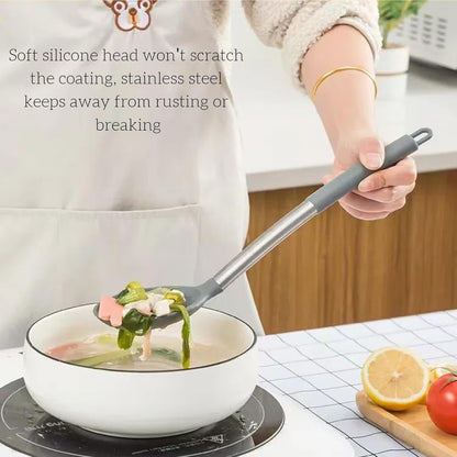 Silicone Solid Cooking Spoon Set (13.2"), 3-Pack Large Stainless Steel Handle Non Stick Server Spoon Heat Resistant 600°F, Metal Basting Spoon, Kitchen Utensils for Mixing Serving