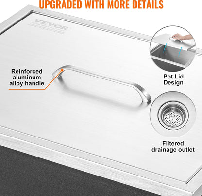 Happybuy Drop in Ice Chest 18L x 12W x 14.5H Inch Stainless Steel Ice Cooler with Sliding Cover Drop in Ice Bin Included Drain-Pipe and Drain Plug for Cold Wine Beer