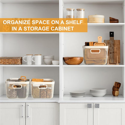 MorningRo 6 Pack Metal Mesh Basket with Hollow Handles Black Wire Storage Bin for Organizing Stackable Metal Fine Mesh Basket for Pantry Bathroom Kitchen Cabinets Shelves (Medium)