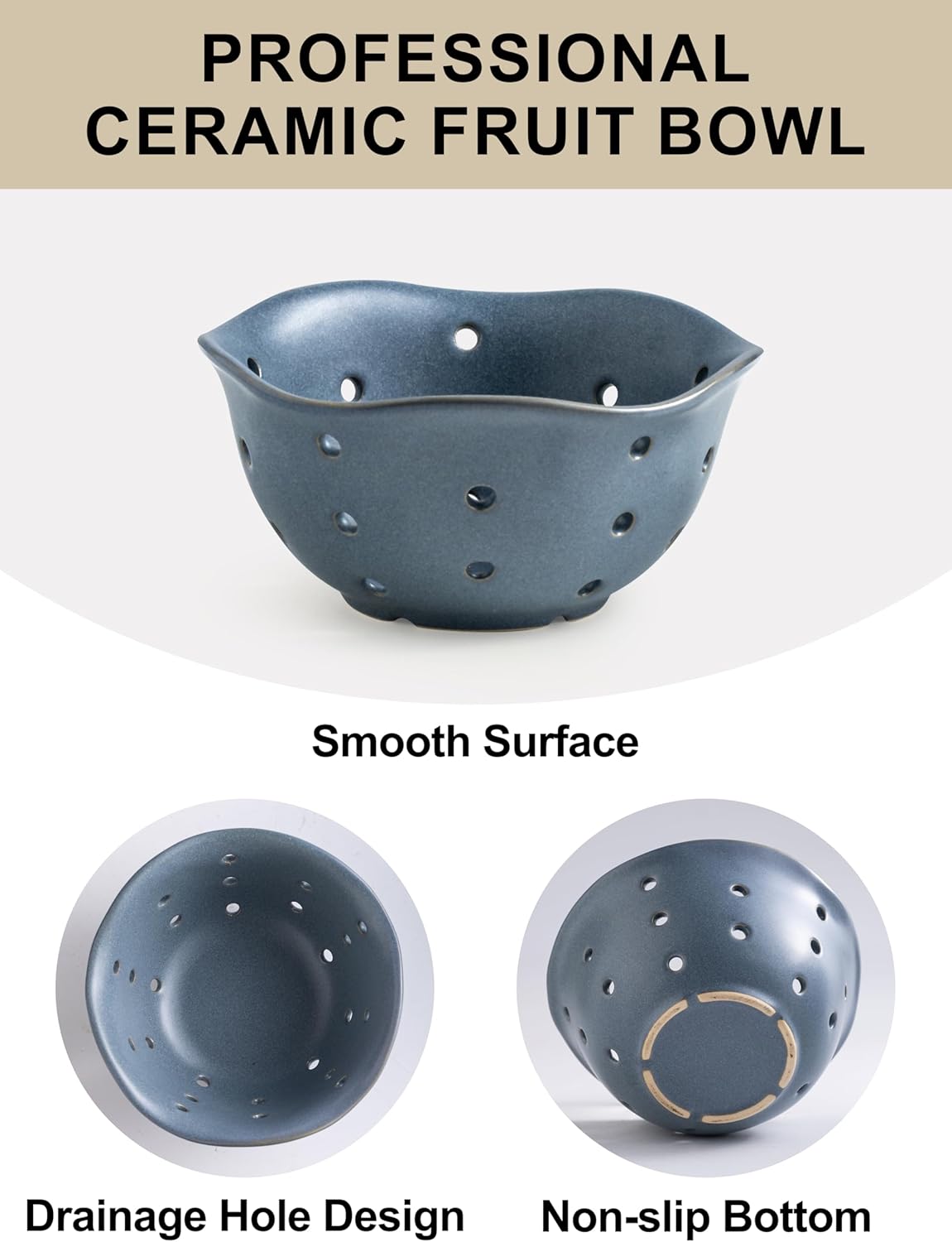 Gomakren Berry Bowls with Holes Ceramic, Berry Washing Bowl Basket Set of 2, 5.8 Inch Round Fruit Bowl Storage Containers, Strawberry Baskets, Farmhouse Kitchen Decor, Yellow + Brown