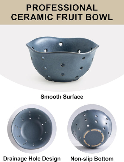 Gomakren Berry Bowls with Holes Ceramic, Berry Washing Bowl Basket Set of 2, 5.8 Inch Round Fruit Bowl Storage Containers, Strawberry Baskets, Farmhouse Kitchen Decor, Yellow + Brown