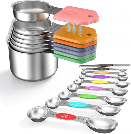 Magnetic Measuring Cups & Spoons Set, Strong N52 Magnets, Heavy Duty 304 Stainless Steel, Dual-Sided Design Fits Spice Jars, Easy-to-Read Markings, 16-Piece Set with Leveler for Baking & Cooking