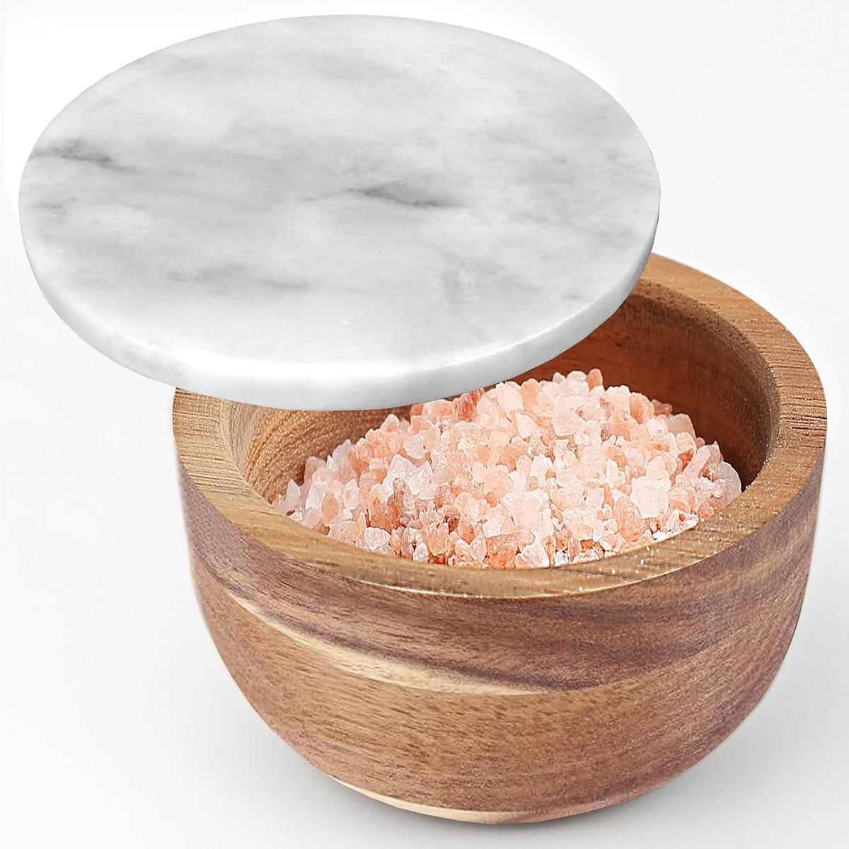jalz jalz Acacia Wood Salt Cellar with white Marble Lid, 10oz Pinch Pot & Spoon