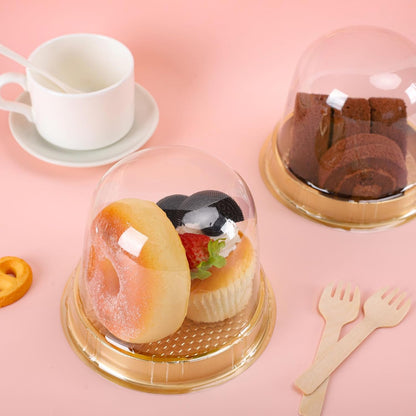Whaline 50 Sets Disposable Individual Charcuterie Cup Clear Plastic Round Cake Boxes with Dome Lids Mini Wooden Spork Rope for Outdoor Snack Packing Open Houses Gatherings Wedding Party Event