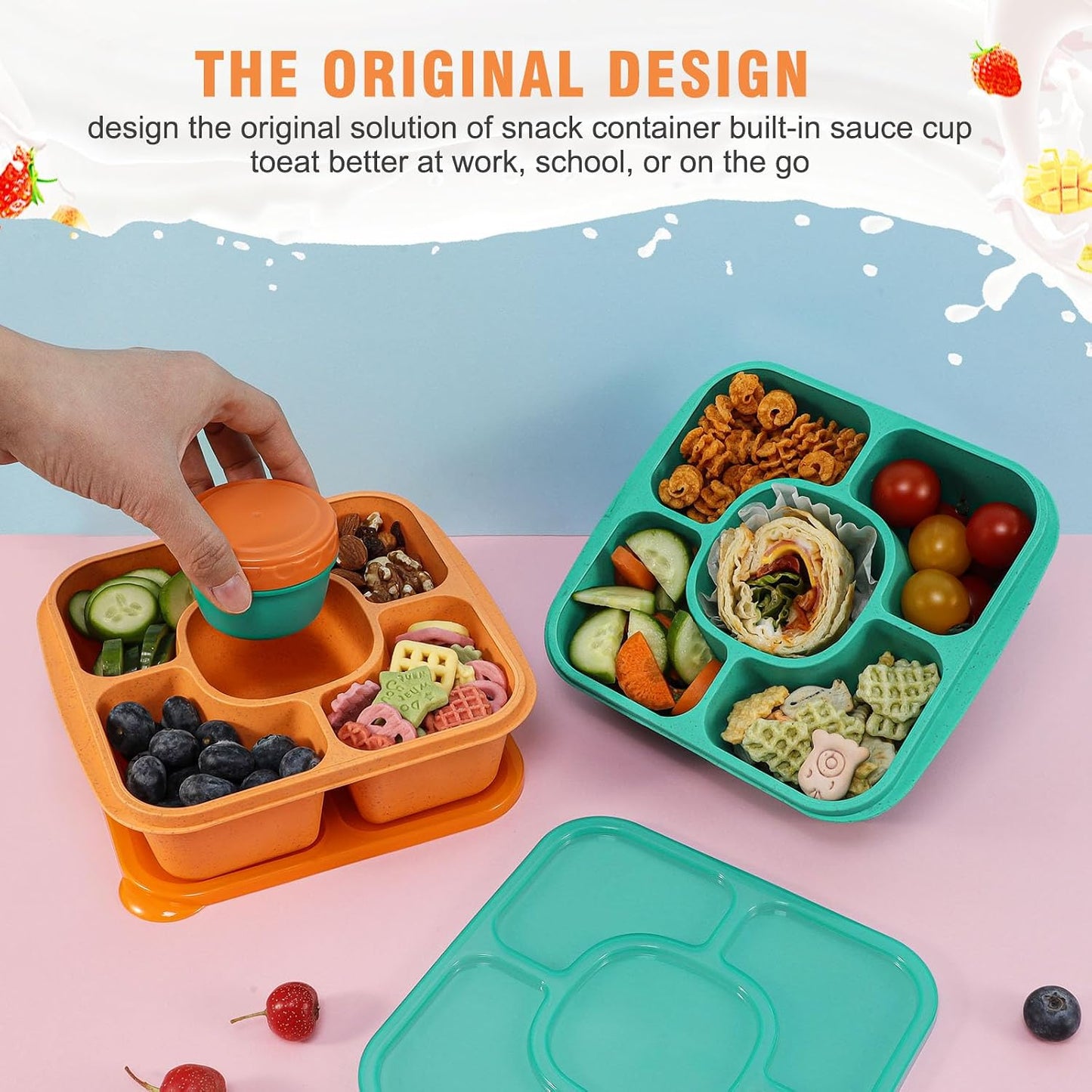 Original Lunchable Snack Containers - 5 Compartments Bento Snack Boxes with 1 Leakproof Small Containers, Wheat Straw, BPA-Free, Set of 2 (Bule+Pink)