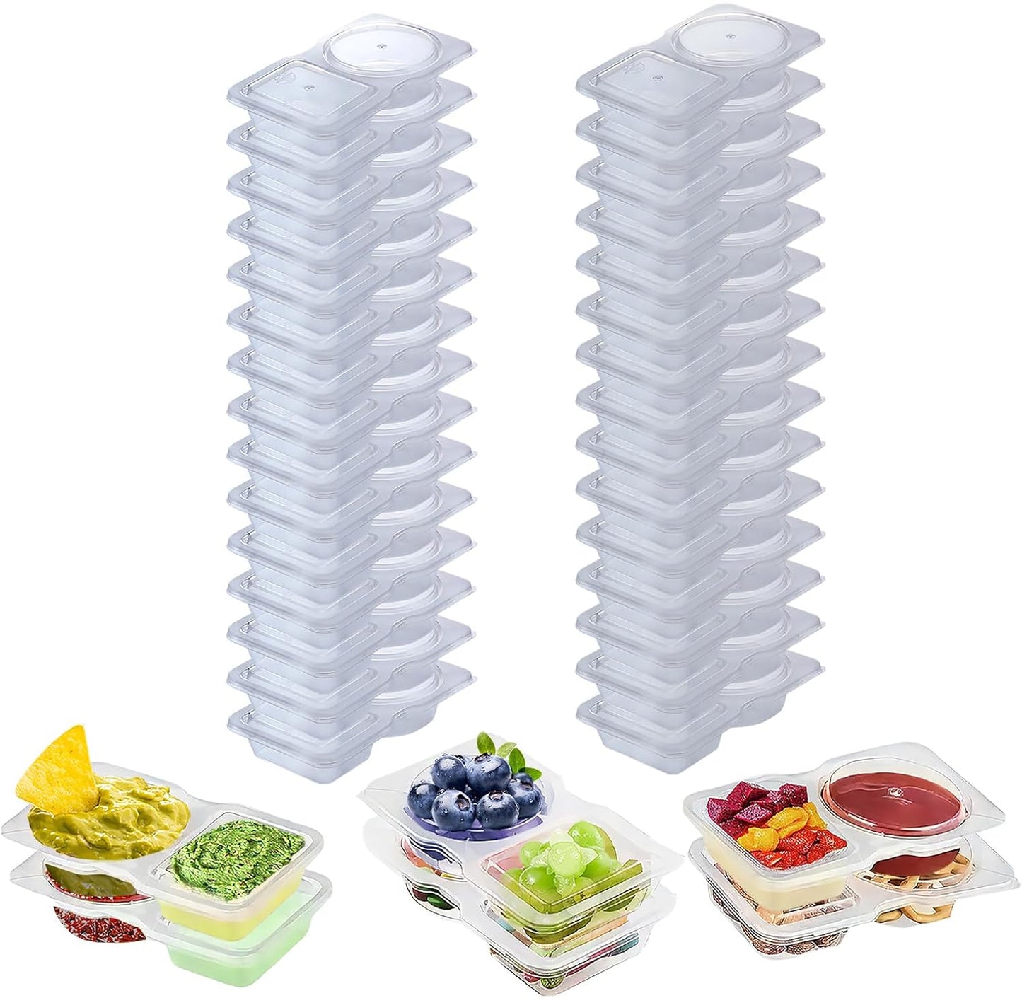 Qewro 15 Sets Snack Containers, Reusable Double Compartment Condiment With Lids 2 Portion Snack Containers Sauces Dip, Disposable Box to Grab and Go with Prep For Adults, On The Go For Kids
