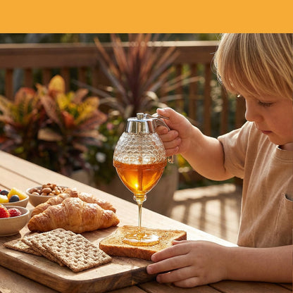 Honey Dispenser No Drip Glass 8 oz with Plastic Top, Beautiful Honeycomb Shaped Honey Jar with Stand - 6" Clear Container, Honey Pot, Maple Syrup Dispenser, Perfect Bee Decoration for Home Kitchen