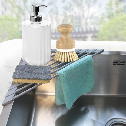 Corner Sink Caddy Triangle Dish Drying Rack for Sink Corner, Sponge Holder Roll Up Dish Drying Rack Over The Sink, Stainless Steel Kitchen Sink Organizer Drainer Mat Sponge Caddy for Counter Storage