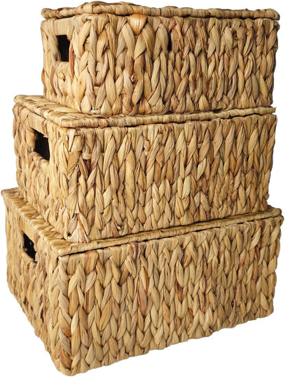 Wicker Storage Baskets With Lid,Set of 3 Rectangular Rattan Basket Decorative Boxes with Handles,Large Storage Box Hyacinth Wicker Baskets For Shelf Organizer, Nursery Room,Bathroom,Living Room