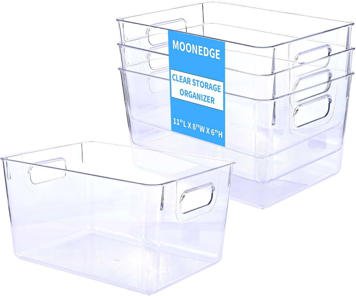 MOONEDGE 4 Pack Clear Plastic Organizer Bins, 2 Large & 2 Small Storage Set | Storage Bins for Pantry, Space-Saving Organizer Containers for Cabinets, Under-Sink, Bathroom, Kitchen, Freezer, Home Storage