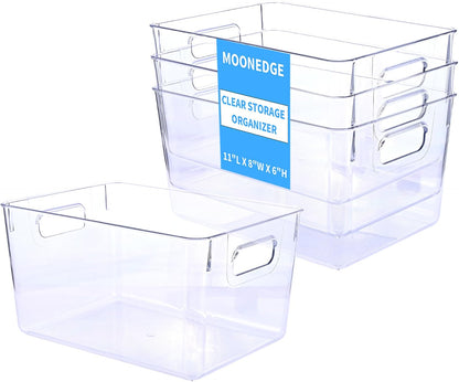 MOONEDGE 4 Pack Clear Plastic Organizer Bins, 2 Large & 2 Small Storage Set | Storage Bins for Pantry, Space-Saving Organizer Containers for Cabinets, Under-Sink, Bathroom, Kitchen, Freezer, Home Storage