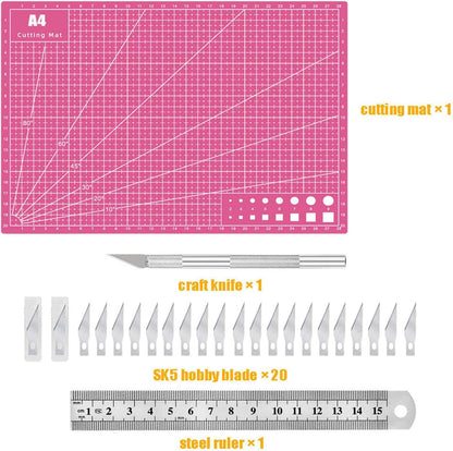 Self Healing Sewing Mat, Exacto Knife Precision Carving Craft Hobby Knife Kit for DIY Art Work Cutting, Hobby, Stencil, Scrapbooking-A4 (Pink)