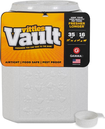 Vittles Vault Traditional Pet Food Storage Container For Dog Kibbles/Bird Seed/Oatmeal/Rice/Flour/Cereal, BPA Free Plastic, Sealed Airtight For Cat Food, Up To 30 lb, Made in USA, With Scoop, Gray