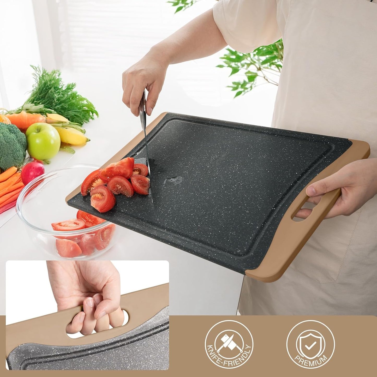 Extra Large Cutting Boards, Plastic Cutting Boards for Kitchen (Set of 3) Cutting Board Set Dishwasher Chopping Board with Juice Grooves Easy-Grip Handles, Dark Grey, Empune