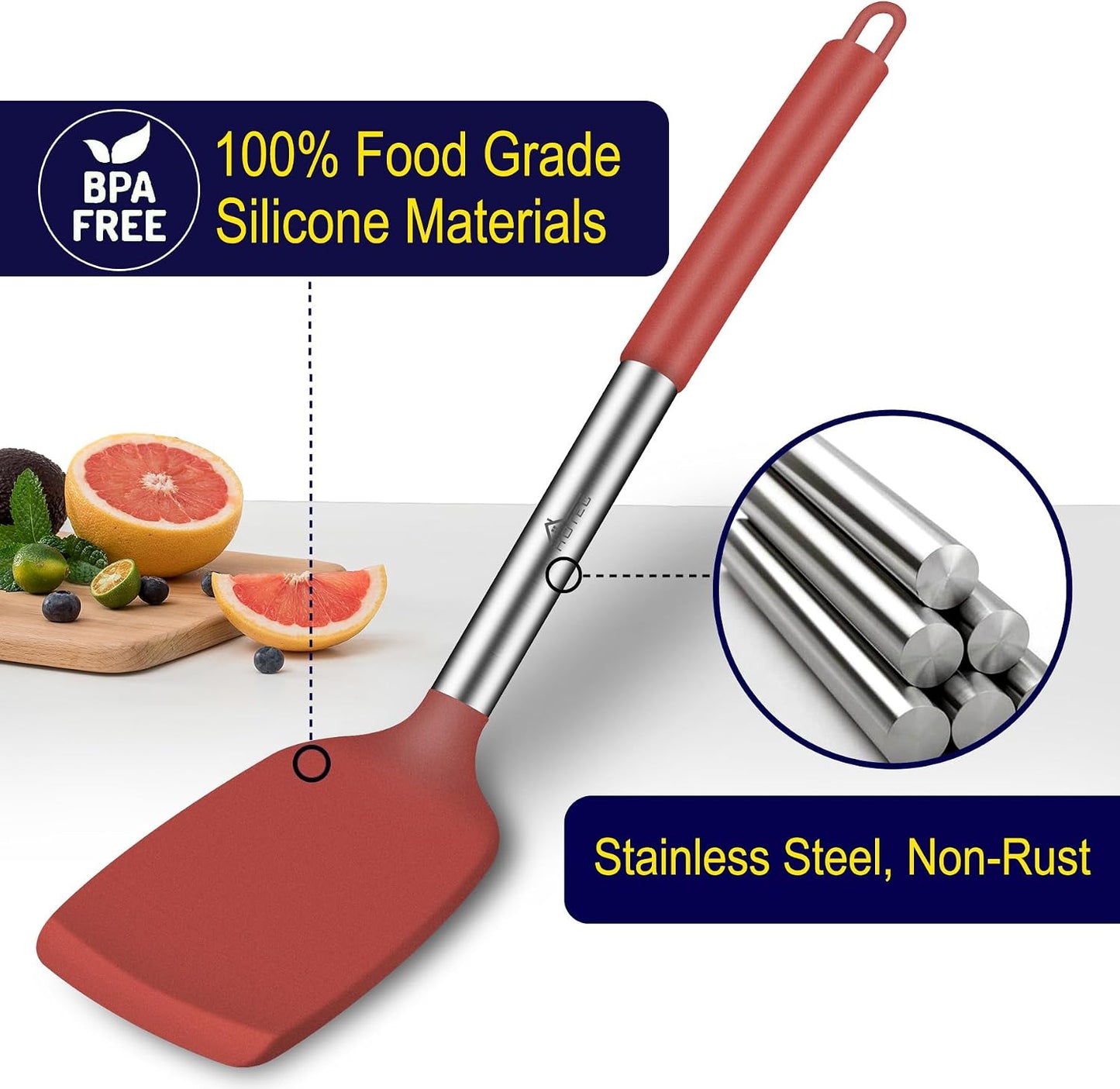 HOTEC Silicone Spatula Set of 2 Heat-Resistant 600°F & BPA-Free Kitchen SaptulaTurner with Stainless Steel Handles, Slotted & Solid Spatulas for Nonstick Cookware, 13.7 Inch, Classic Blue